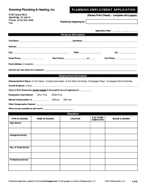 Plumbing Job Application Forms