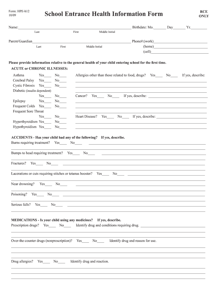  Form HPE H12 School Entrance Health Information Form RCE ONLY  Richmond County K12 Va 2010-2024