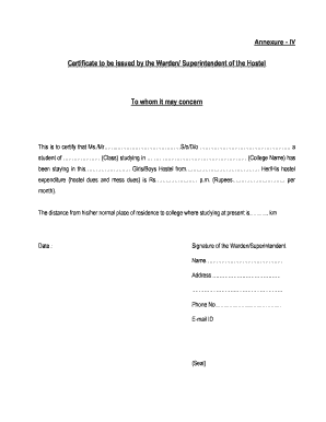 Hostel Certificate Format for Scholarship