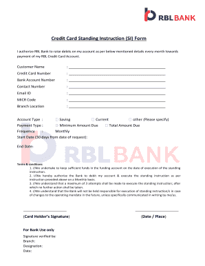 Credit Card Standing Instruction SI Form RBL Bank