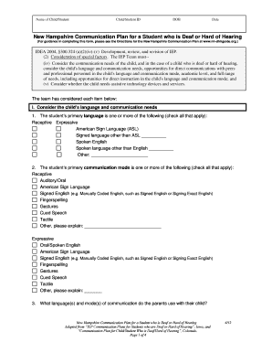 New Hampshire Communication Plan for a Student Who is Deaf Nhdeafhhed  Form