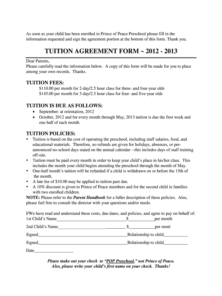Tuition Agreement Template  Form