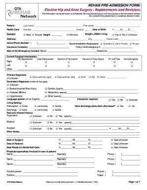 REHAB PRE ADMISSION FORM Elective Hip and Knee Surgery