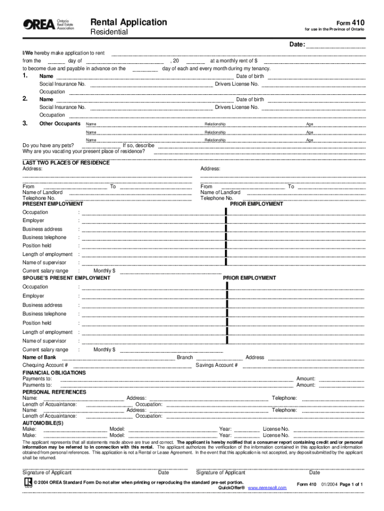 Orea Rental Application Form 410