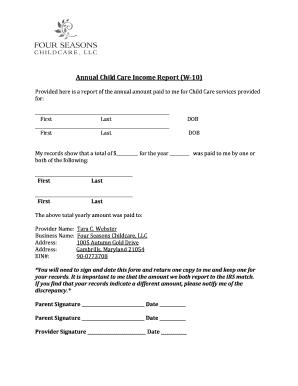 Annual Child Care Income Report  Form