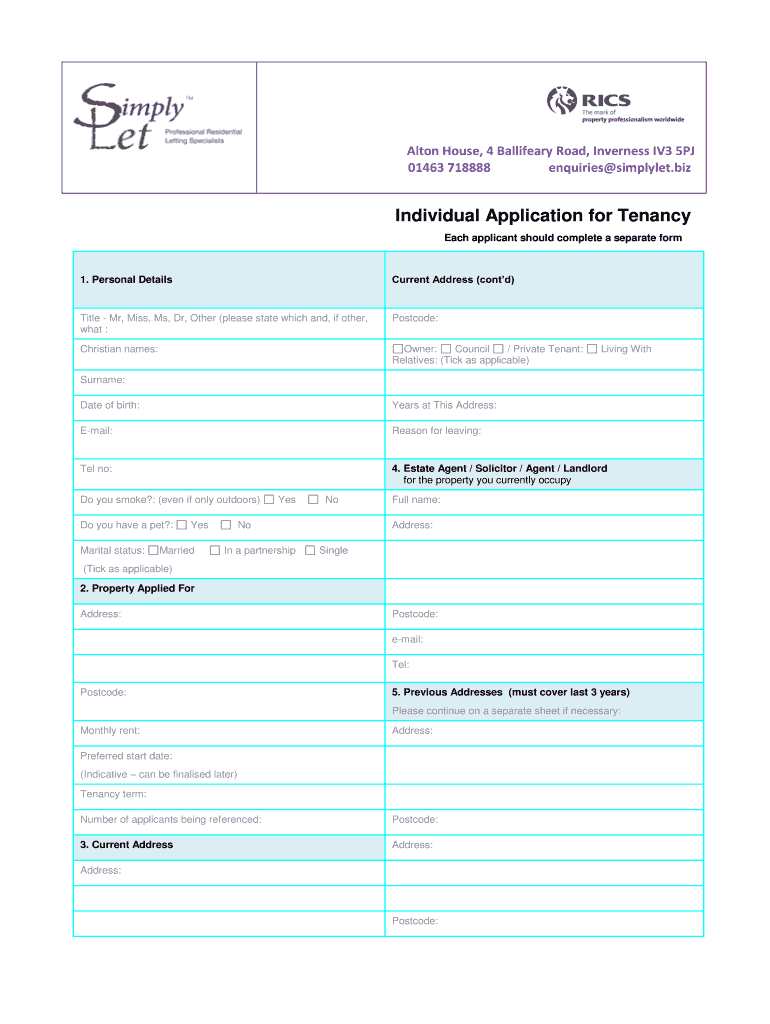 Individual Application for Tenancy Simply Let Simplylet  Form