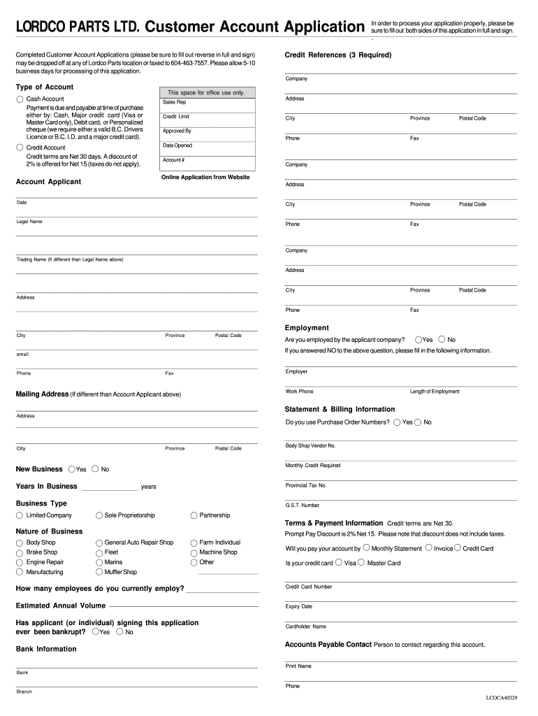 Lordco Account Application  Form