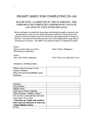 Prompt Sheet for Completing Ds 160  Form