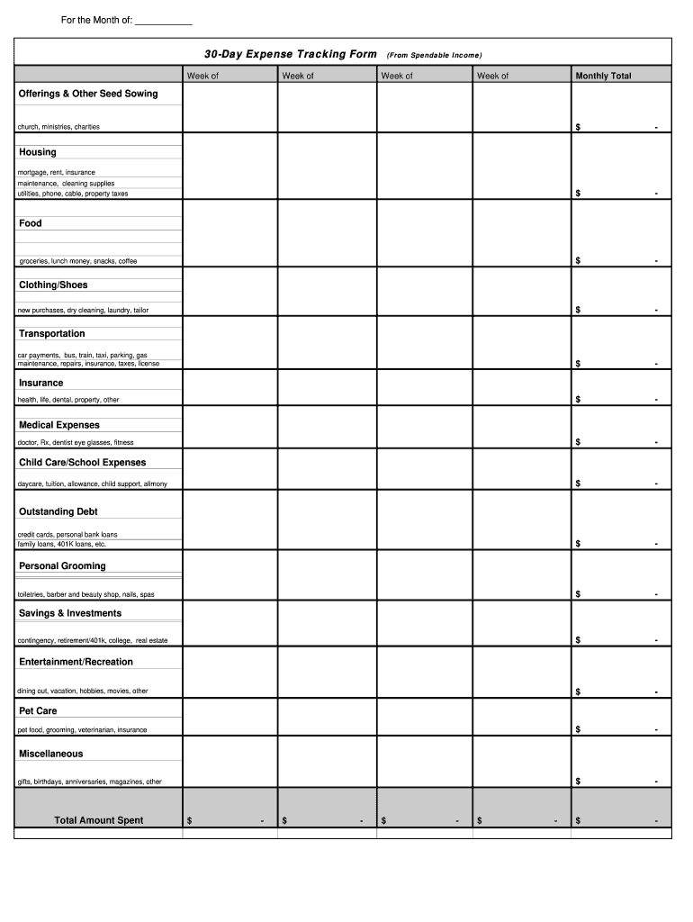 30 Day Expense Tracking  Form