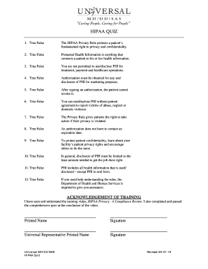 Printable HIPAA Quiz  Form