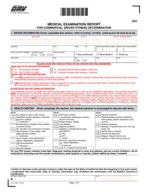 O51 MEDICAL EXAMINATION REPORT for COMMERCIAL DRIVER Dot Physical  Form