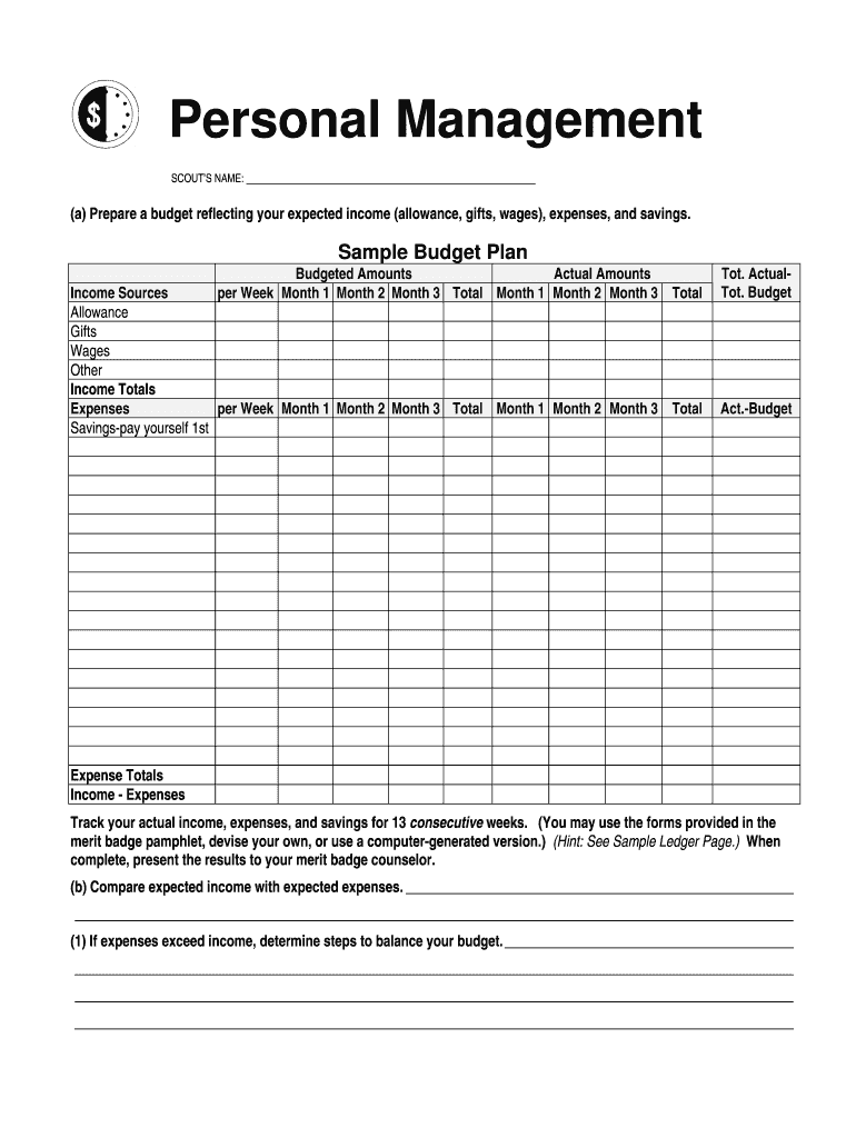 Personal Management Merit Badge Workbook Answers  Form