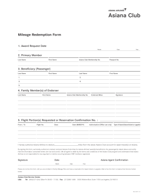 Asiana Airlines Mileage Redemption  Form