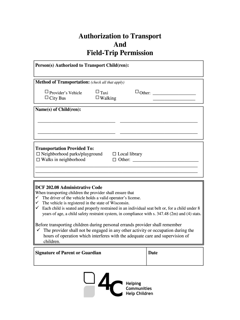 Authorization to Transport Community Coordinated Child 4 C  Form