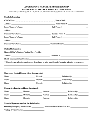 Printable Summer Camp Emergency Forms