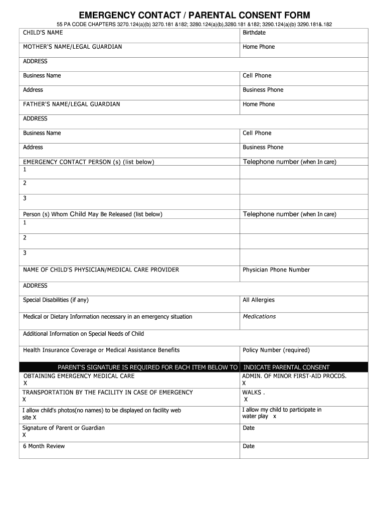 EMERGENCY CONTACT PARENTAL CONSENT FORM 55 PA CODE CHAPTERS 3270