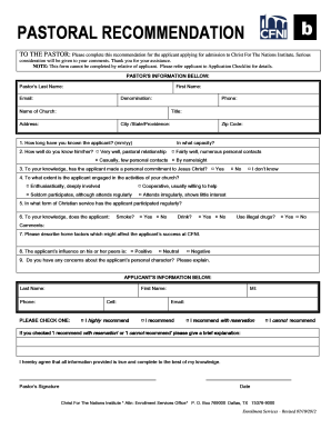 To the PASTOR Please Complete This Recommendation for the Applicant Applying for Admission to Christ for the Nations Institute  Form