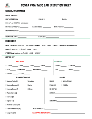 Taco Bar Sign Up Sheet  Form