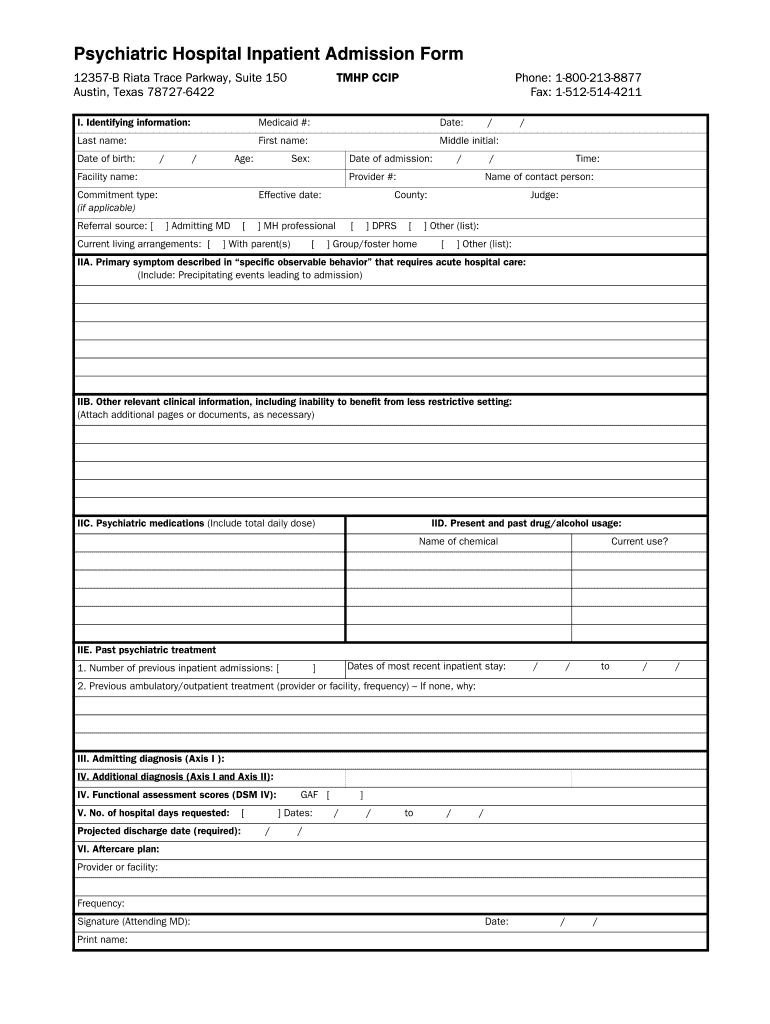 Psychiatric Hospital Inpatient Admission Form