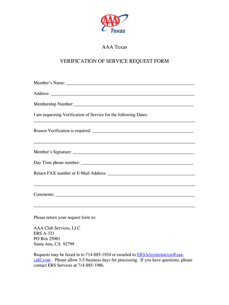 AAA Texas VERIFICATION of SERVICE REQUEST FORM