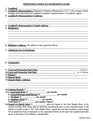 DEFINITION ANNEX to APARTMENT LEASE 1 Landlord 2  Form