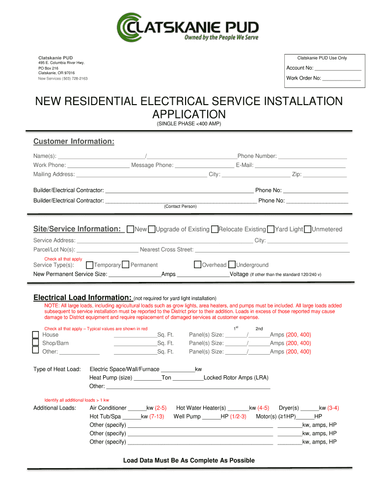 NEW RESIDENTIAL ELECTRICAL SERVICE INSTALLATION APPLICATION  Form