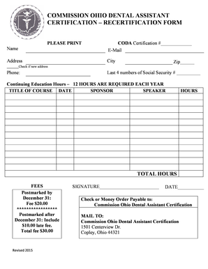 Recertification Form Commission on Ohio Dental Assistant Codacertification