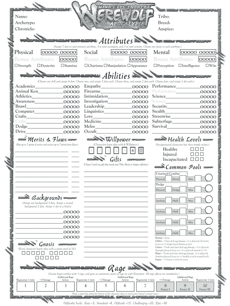 Werewolf W20 Character Sheet  Form