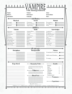 Character sheet for Vampire: The Masquerade 3th Quickstart