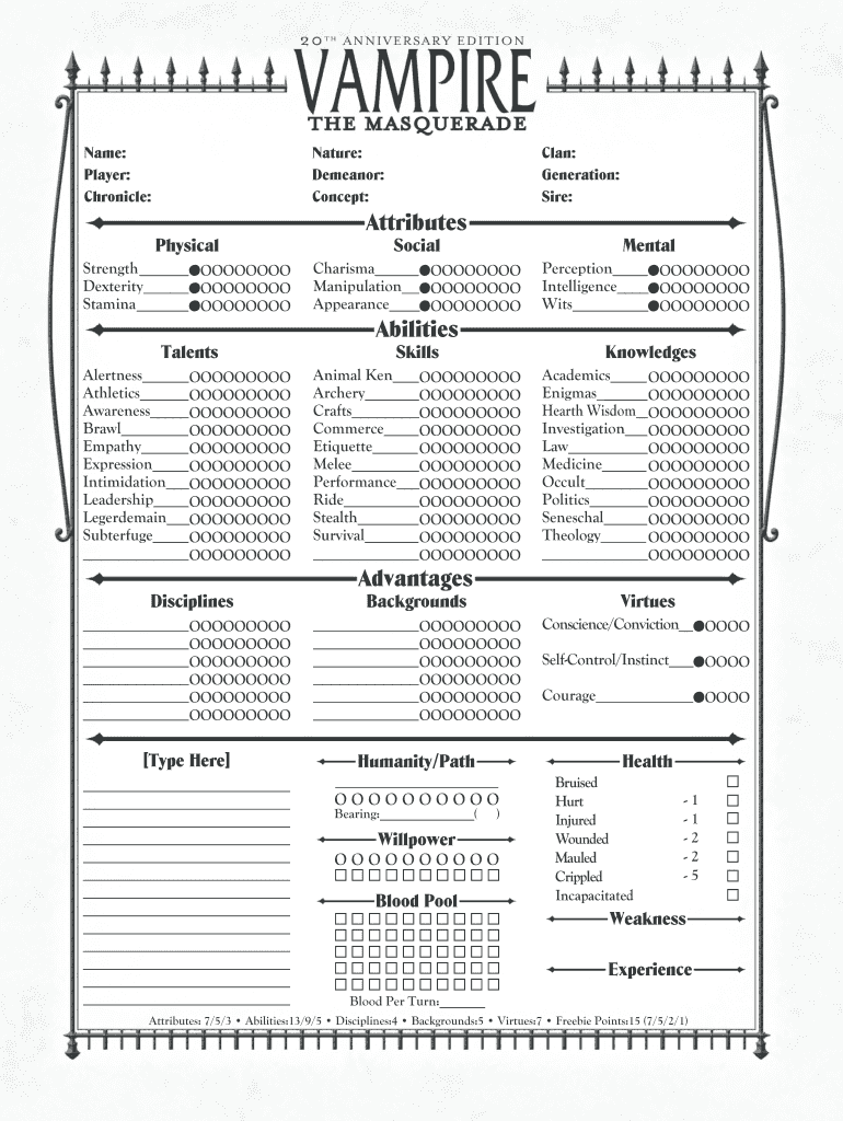 Vampire the Masquerade 20th Aniversary Character Sheet  Form