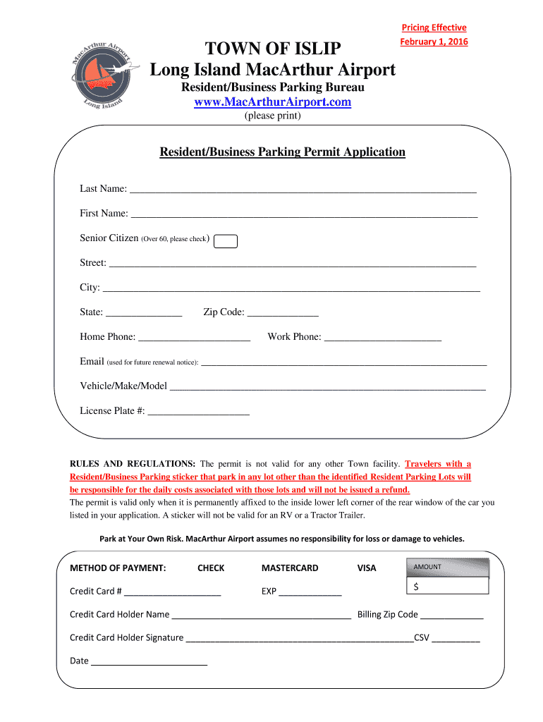 Town of Islip Macarthur Airport Resident Parking Permit  Form