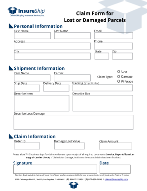 Claim Form for Lost or Damaged Parcels Insureship