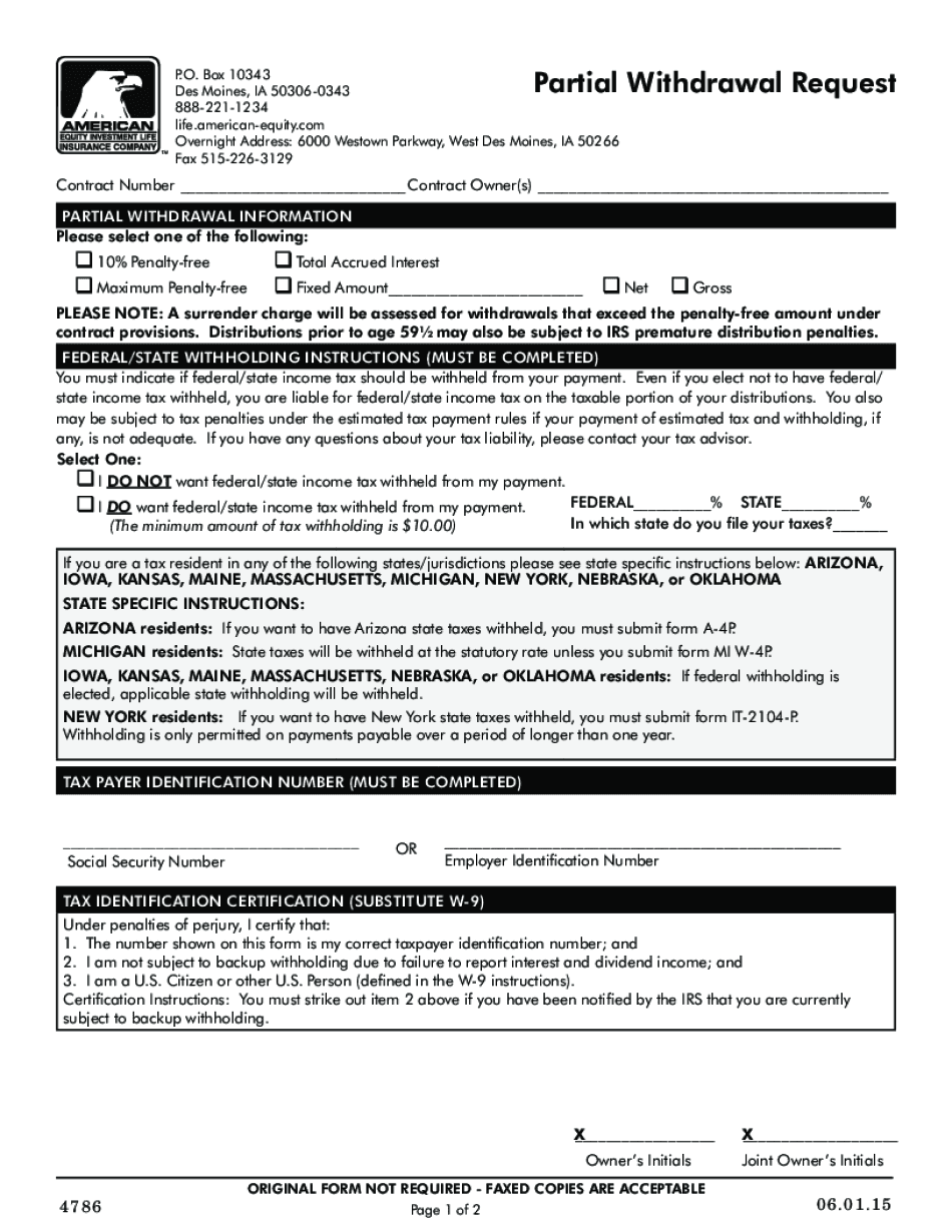 American Equity Partial Withdrawal Request  Form