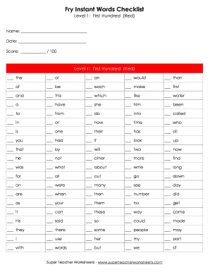 Fry Instant Words Checklist  Form