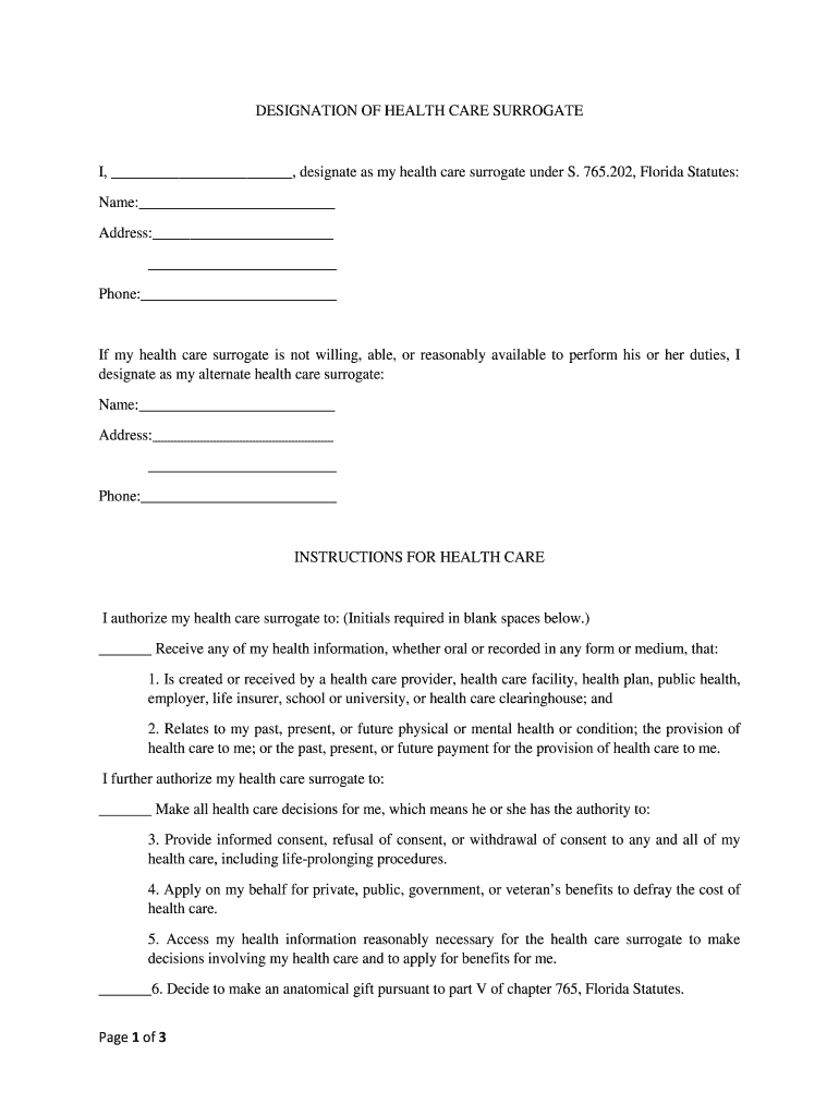 Designation of Health Care Surrogate  Form