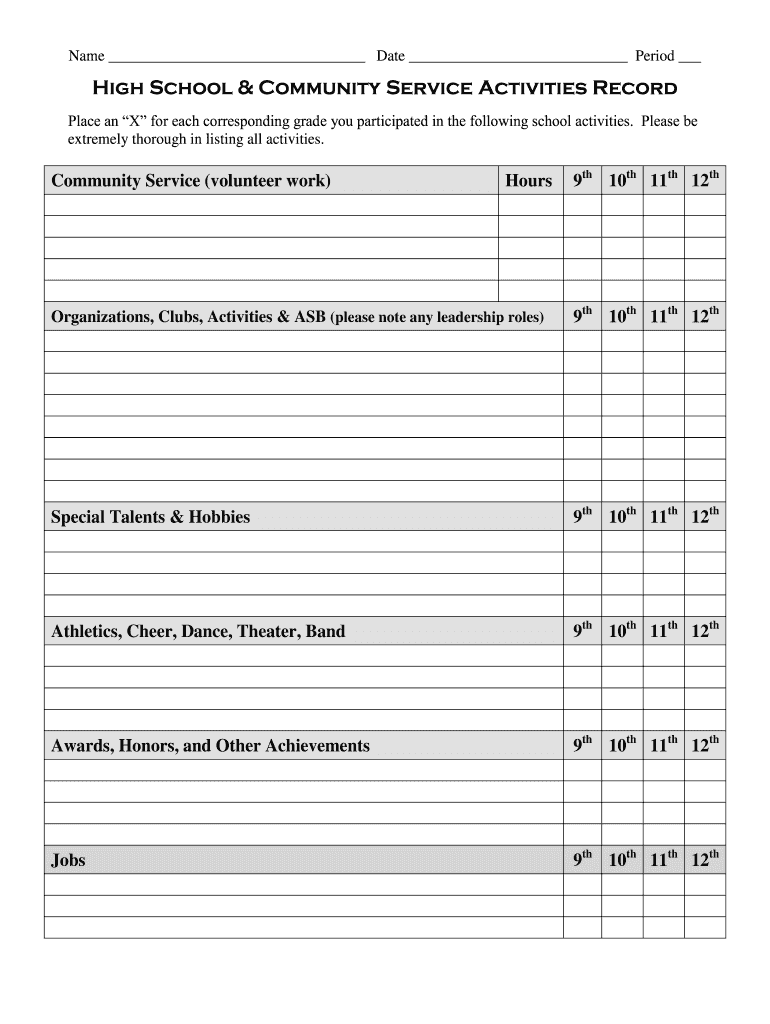 High School and Community Activities Record  Form