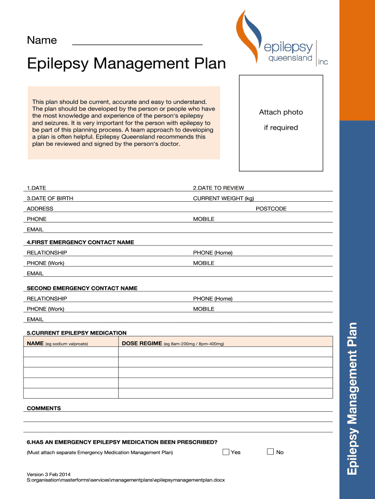 Epilepsy Management Plan Epilepsy Queensland  Form