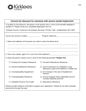 Council Tax Discount for Someone with Severe Mental Impairment Application for Council Tax Discount for Someone with Severe Ment  Form