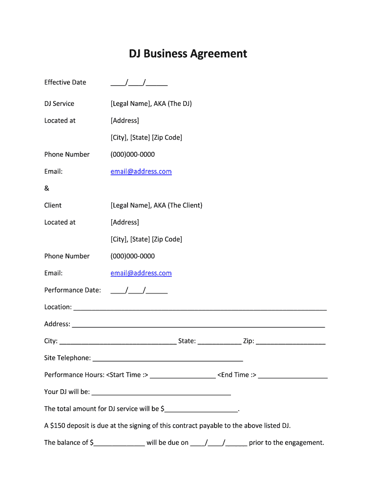 DJ Business Agreement Printable Agreements  Form