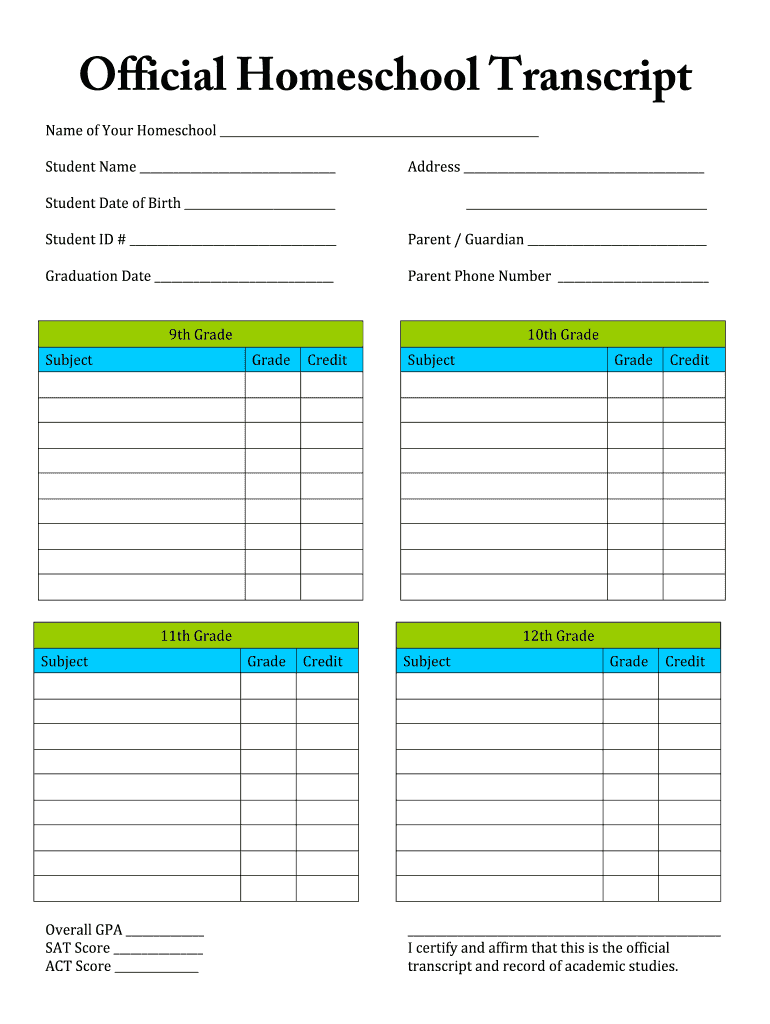 Official Homeschool Transcript 101 Homeschool  Form