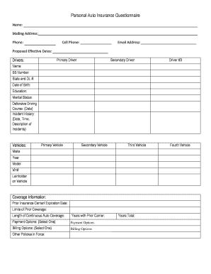 Auto Insurance Questionnaire Template  Form