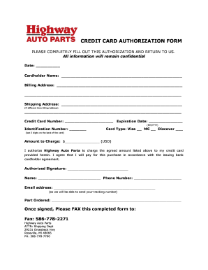 Credit Card Authorization Form Highway Auto Parts