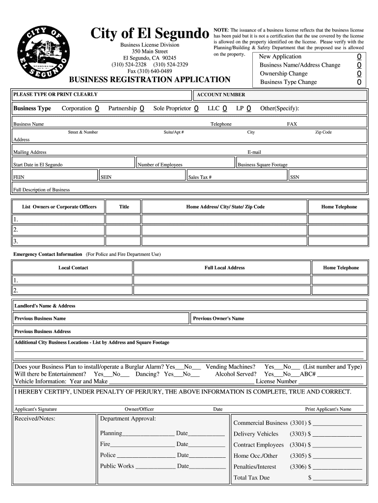 NOTE the Issuance of a Business License Reflects that the Business License Elsegundo  Form