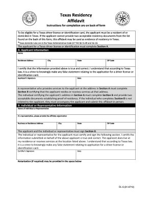 Texas Residency Affadavit  Form