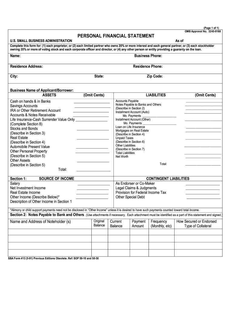  OMB Approval No 3245 0188 PERSONAL FINANCIAL STATEMENT 2018