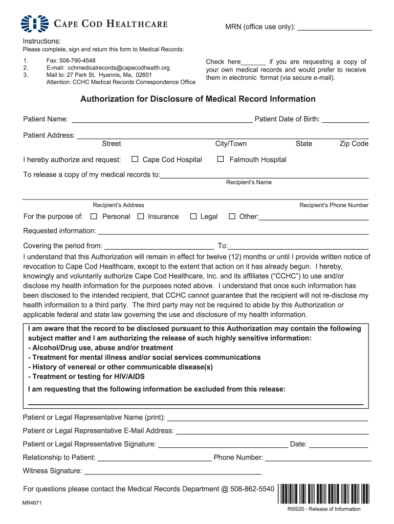 Cape Cod Hospital Medical Records  Form