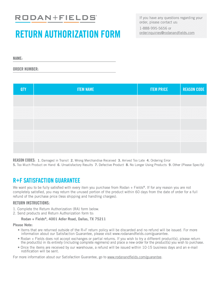 Rodan and Fields Return Address  Form