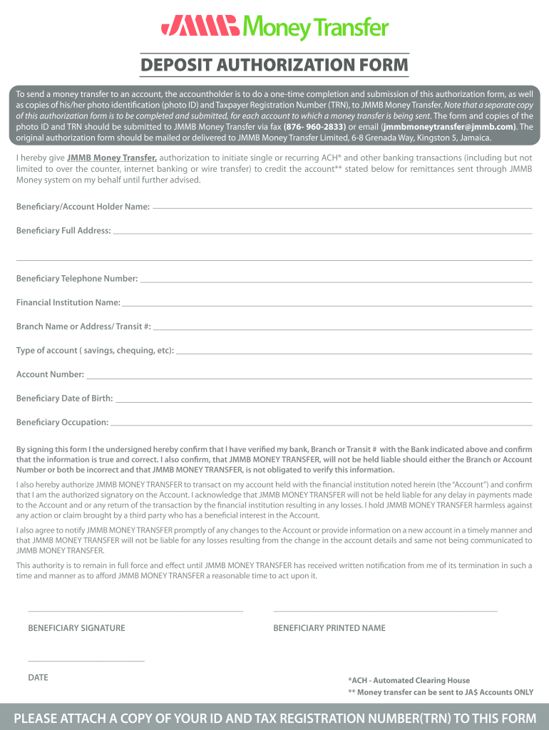 Jmmb Deposit Authorization Form