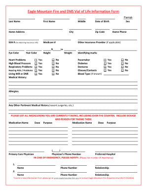 Eagle Mountain Vial of Life Form Form Fillablepdf