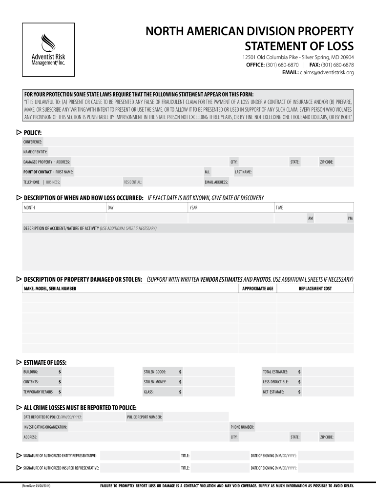 North American Division Property Bstatement of Lossb  Adventist Risk Bb  Lakeregionsda  Form